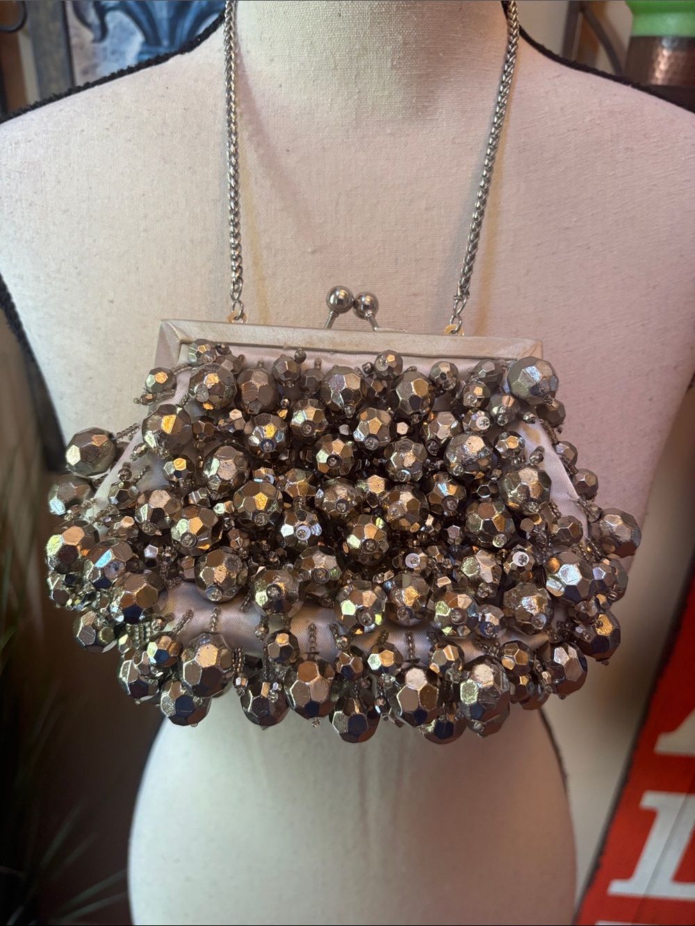 Nina Silver Beaded Evening Clutch with Chain Strap